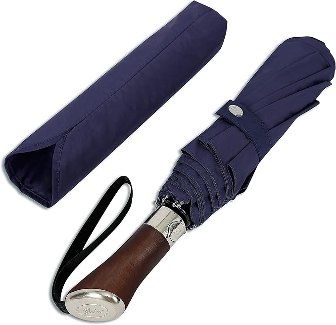 Balios (Designed in UK) Travel Umbrella Luxurious Golden Hardwood Handle Auto Open & Close Windproof Frame Single Canopy Automatic Folding Umbrella Men's & Ladies