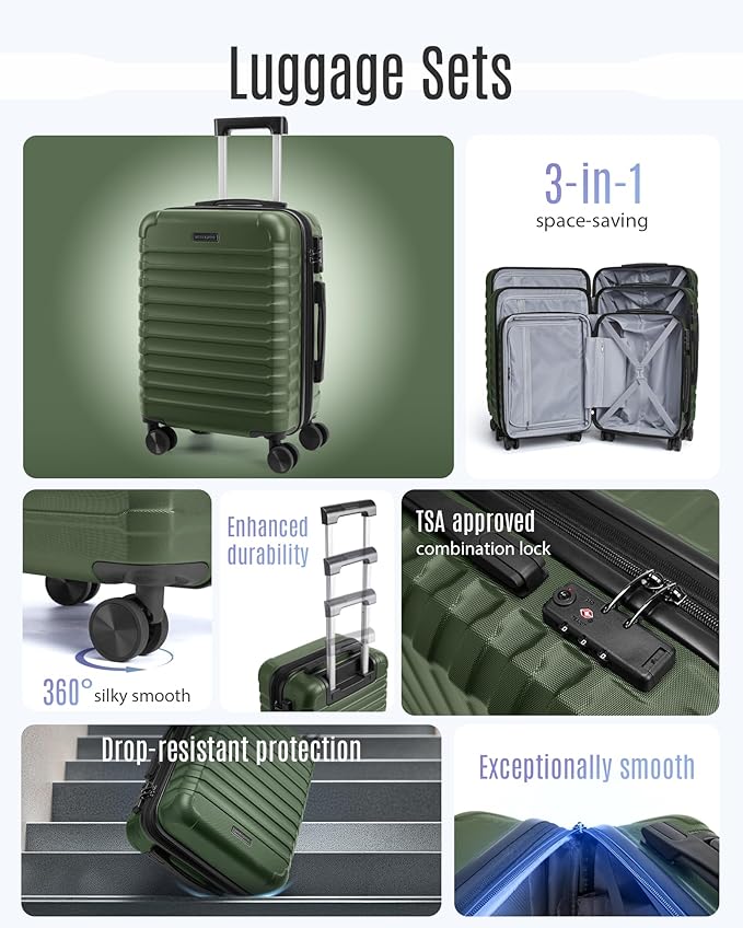 LIGHT FLIGHT Luggage Sets, 3 Piece Durable Suitcase Set with Spinner Wheels, 3 Pcs Hardside Lightweight luggage with TSA Lock, Large Checked Travel Suitcases, 20/24/28 Inch, Pine Green
