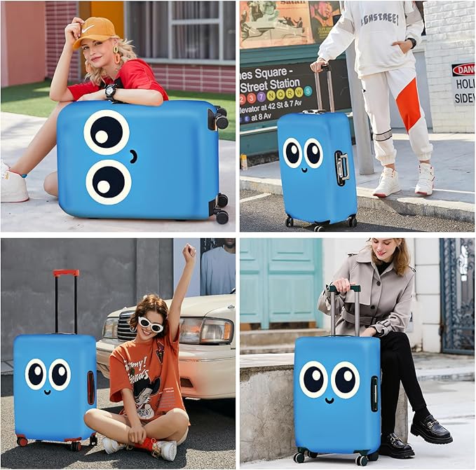ANNA QUEEN Cute Smiley Face Luggage Cover, Blue Cartoon Suitcase Protector with Big Eyes Design, Stretchable, Washable Travel Cover for 20-22 Inch Luggage