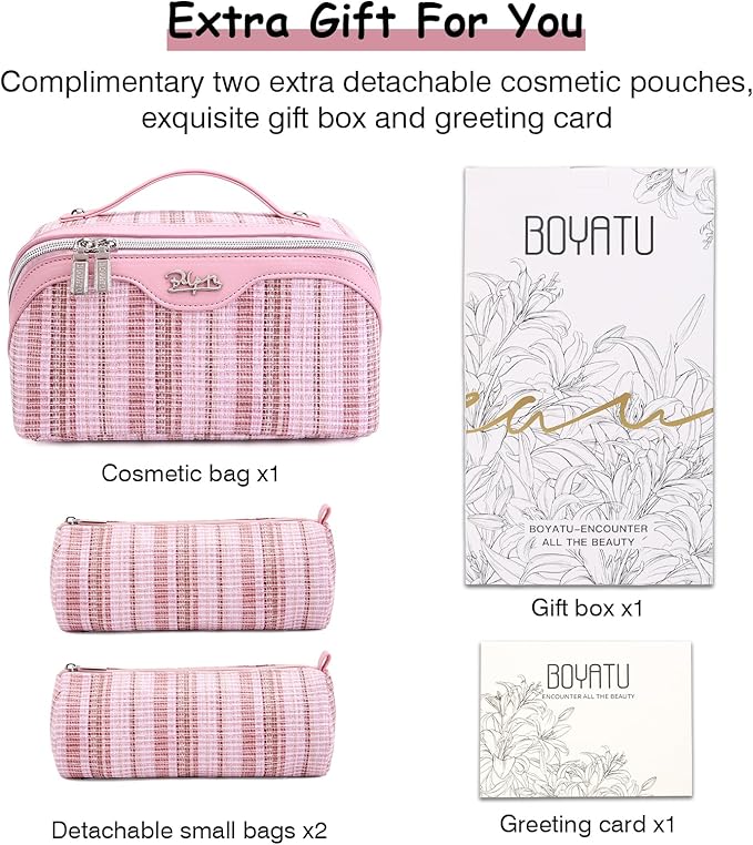 Travel Makeup Bag for Women: Large Capacity Open Flat Make up Bag Set of 3 - Vegan Leather Cosmetic Bag with Compartments - Waterproof Toiletry Bag with Handle & Divider(Pink)