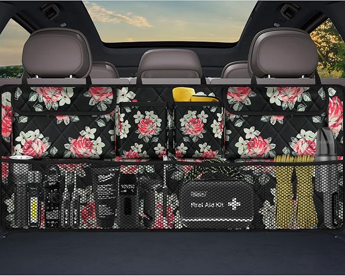 Car Trunk Organizer,Large Capacity Backseat Trunk Organizer(42"*18"),Collapsible Car Storage Bag with 8 Pocekt,Car Organizer for SUV/MPV/Truck - Floral