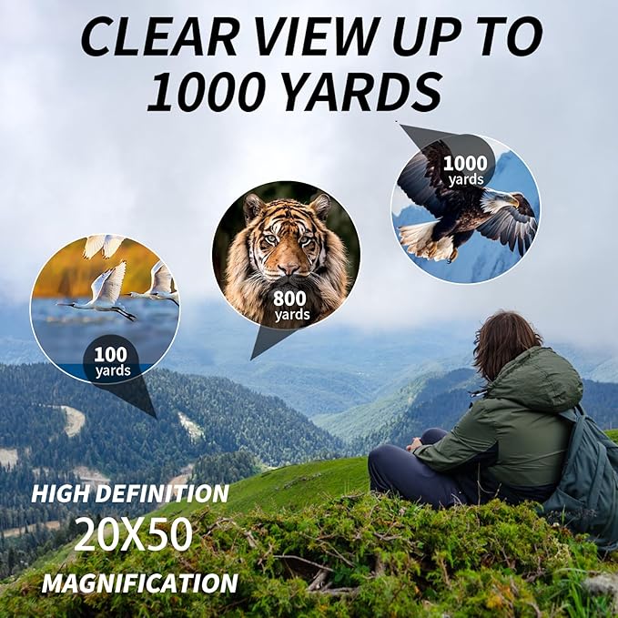 PISEZ 20X50 Binoculars for Adults High Powered with Low Light Vision，Large View Waterproof Binoculars for Bird Watching Hunting Concert Traveling Theater Opera Sightseeing