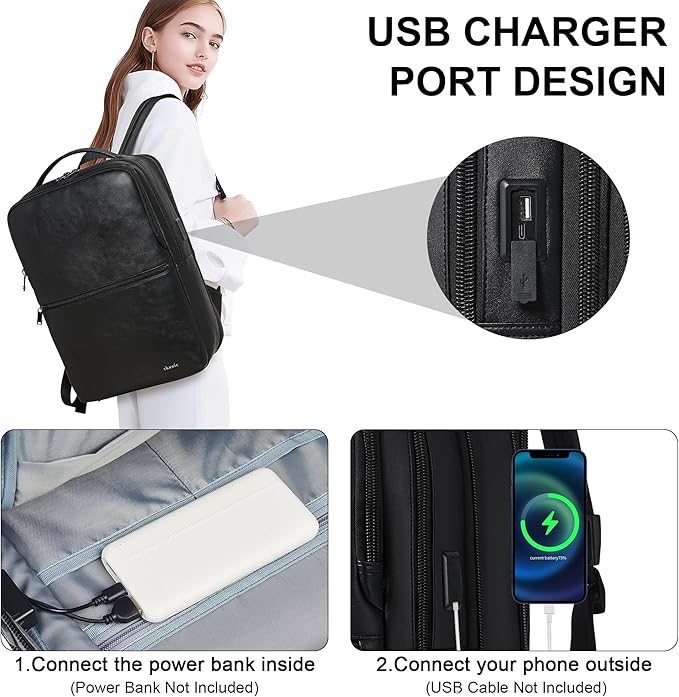 Vegan Leather Laptop Backpack for Women&Men,16 Inch Expandable Backpack with USB Charging Port,Two-toned Black