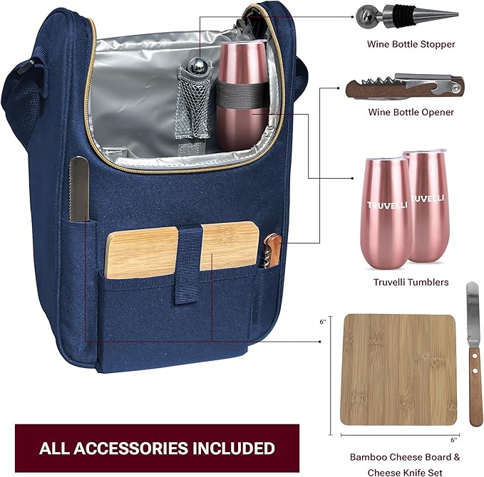 Truvelli Plush Picnic Premium Wine Bag, 7-in-1 Insulated 2 Bottle Wine Carrier Tote, Wine & Cheese Cooler Bag, Great Gifts for Wine Lovers (Deep Blue)