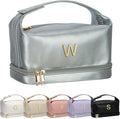 Women Gift Ideas, Personalized Makeup Bag with Handle, Initial Double Layer Cosmetic Bag with Makeup Brush Organizer, Cute Cosmetic Pouch for Women, Gifts for Friends Female Mom