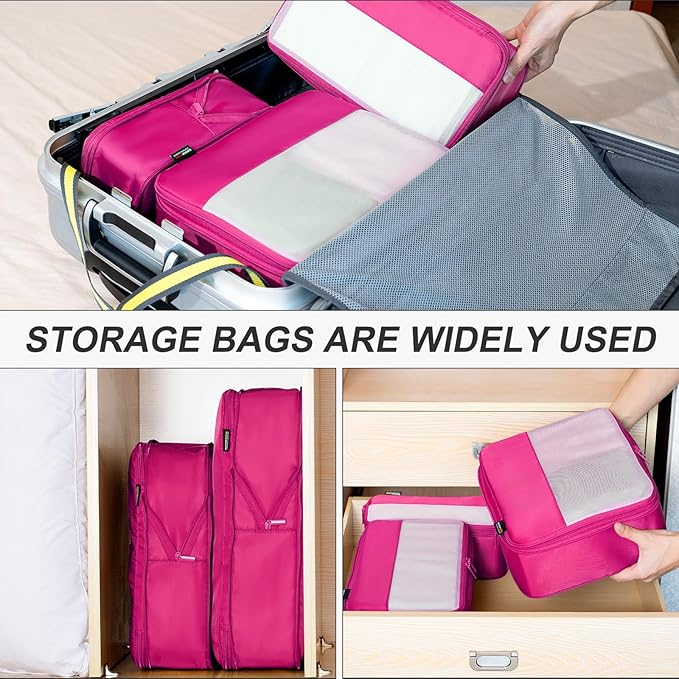 6 Set Compression Packing Cubes for Travel Essentials, Luggage Organizers for Suitcases (Rose Red)