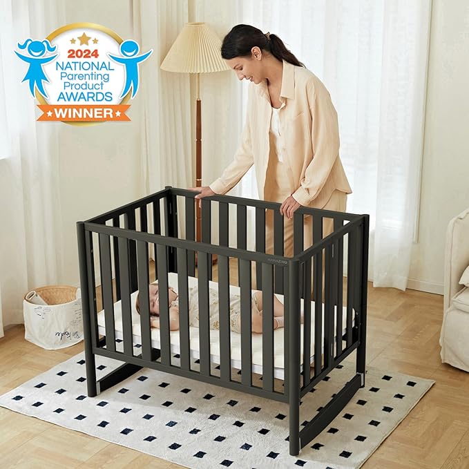 EvoNook 6-in-1 Convertible Mini Crib, 100% New Zealand Solid Wood, 4 Adjustable Mattress Heights, Black with Matttress (Crib with Mattress, Black)