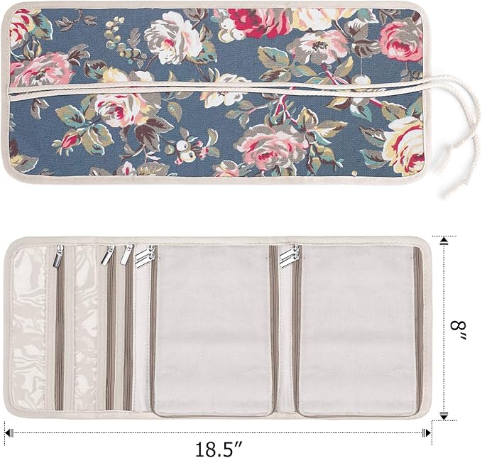 Teamoy Travel Jewelry Roll, Jewelry Storage Bag Organizer for Necklaces, Earrings, Bracelets, Rings, Brooches and More, Compact and Easy to Carry, Peony
