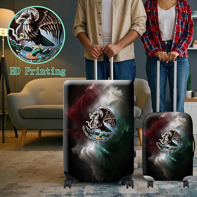 Luggage Cover Plus - Mexican Flag Eagle Travel Suitcase Cover for 26-28 inch Luggage with Concealed Zipper, Washable Elastic Cloth, Dustproof, Anti-Scratch