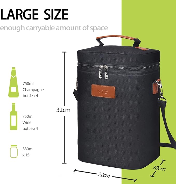 Tirrinia 4 Bottle Wine Gift Tote Carrier - Leakproof & Insulated Padded Versatile Wine Cooler Bag for Travel, BYOB Restaurant, Wine Tasting, Party, Dinner,Gift for Wine Lovers, Black