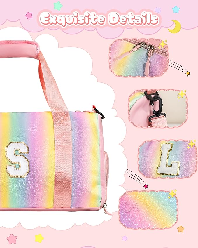 Gifts for 4 5 6 7 8 9 10 Year Old Girls-Girl Gym Bag with Shoe Compartment, Kid Weekender Overnight Bags, Initial Travel Tote with Makeup Pouch, Niece Girls Birthday Gift (Letter L)