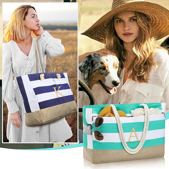YOOLIFE Large Initial Beach Bag Waterproof Tote Zipper Bag Personalized Gifts for Women Her Birthday Travel Beach Essential