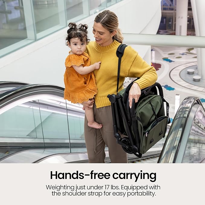 Mompush Velo Lightweight Travel Stroller – One-Hand Fold, Ultra-Compact & Airplane Friendly, Lie-Flat Recline Seat (from Birth to 50 lbs), Includes Cup Holder, Shoulder Strap, and Leather Bumper Bar