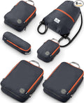 Large Compression Packing Cubes 6 Piece Set for Travel with Lightweight Laundry Bag/Drawstring Backpack for Carry-On Suitcase (Grey/Orange)