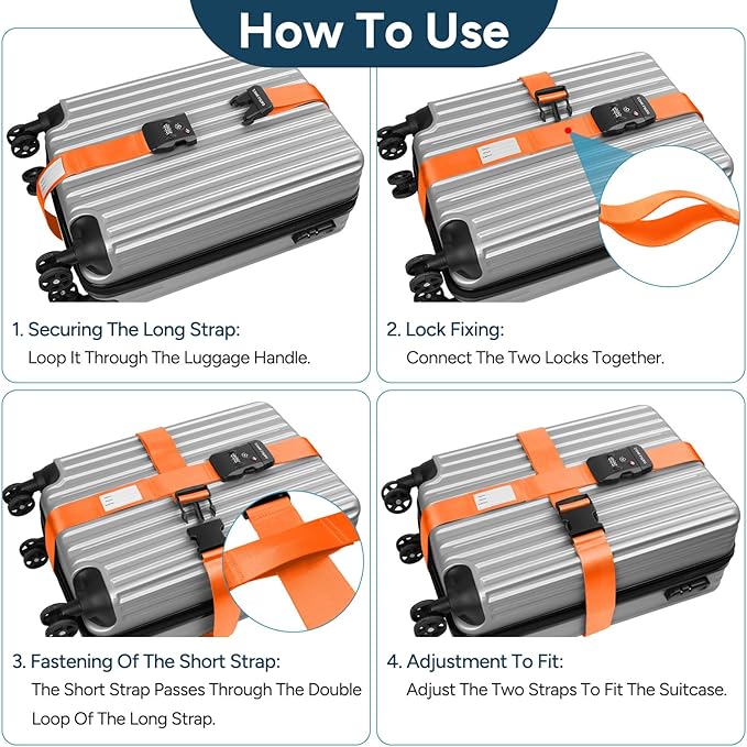 Travel Inspira Luggage Straps for Suitcases Travel Belt for Luggage TSA Approved Luggage Straps, Suitcase Straps 3-Dial Combination Locks Adjustable Suitcase Belt, Quick-Release Buckle (Orange)