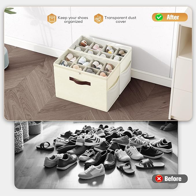 Budding Joy 2 Pack Shoe Organizer for Closet, Clear Foldable Shoe Storage Containers Adjustable Dividers Fits 16 Pairs,Shoe Storage Bins Baskets Boxes with Reinforced Handles Beige Yellow Beige