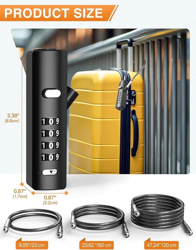 4-Digit Combination Cable Luggage Lock with 3 Interchangeable Steel Cables (9"/24"/47") – for Bike, Backpack, Gym, Cabinet, Gate (Black, 2 Pack)