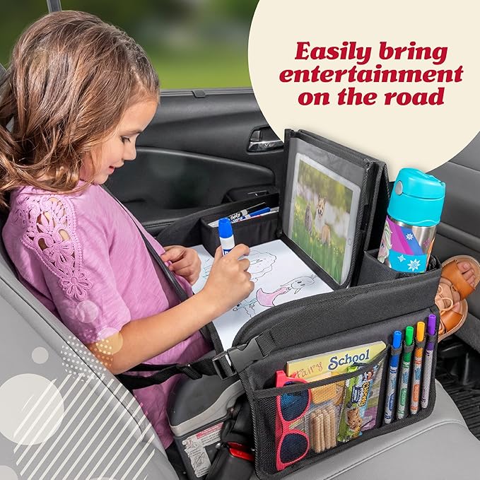 Lusso Gear Kids Travel Tray for Car - Road Trip Essentials for Kids - Car Seat Tray for Toddlers & Kids - for Airplane, Kids Travel Desk, Road Trip Activities (Floral)