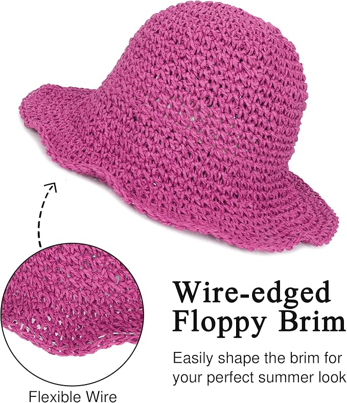 Womens Wide Brim Straw Sun Hat Foldable Floppy Crochet Beach Hat for Summer