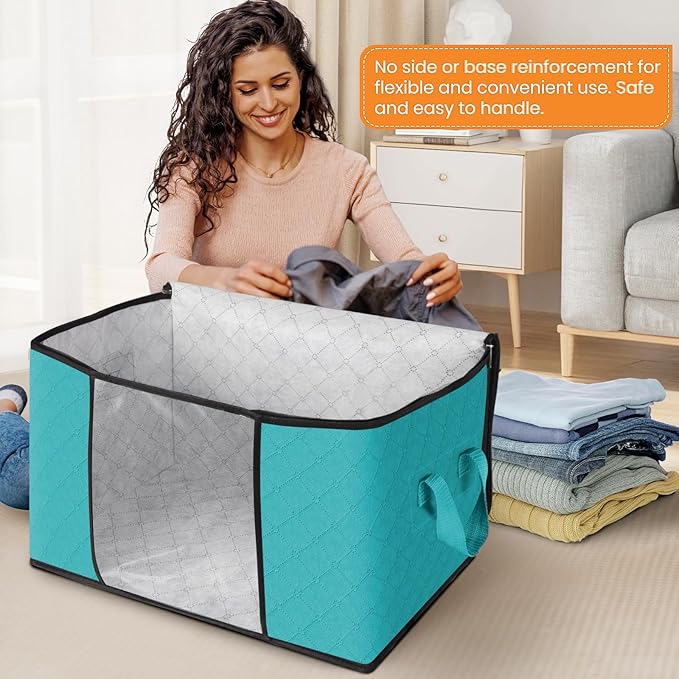 Fab totes 24 Gallons Clothes Storage, Foldable Thick Fabric Blanket Storage Bags, Containers for Organizing Bedroom, Closet, Clothing, Comforter, Organization with Handle (6 Pack,Green)