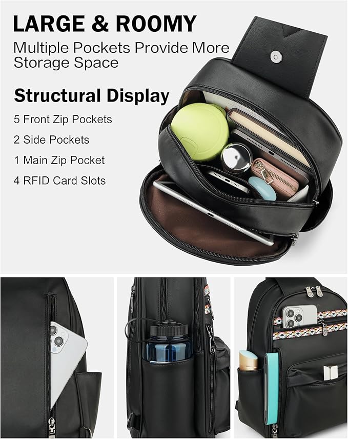 FADEON Large Sling Bag for Women, Leather Crossbody Purse Designer Anti Theft Sling Backpack, RFID Fanny Packs for Travel