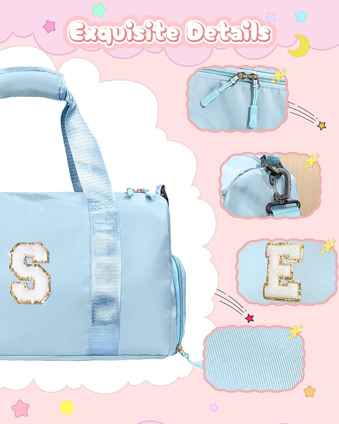 Cute Preppy Gifts for Girls-Girl Gym Bag with Shoe Compartment, Kid Personalized Weekender Overnight Bags, Initial Travel Tote with Makeup Pouch, Chenille Gift for Teen (Letter D)