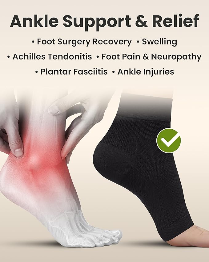 KEMFORD Ankle Compression Sleeve - Plantar Fasciitis Braces - Open Toe Compression Socks for Swelling, Sprain, Neuropathy, Foot Arch Support for Men and Women - 15-20mmhg, XL, Black