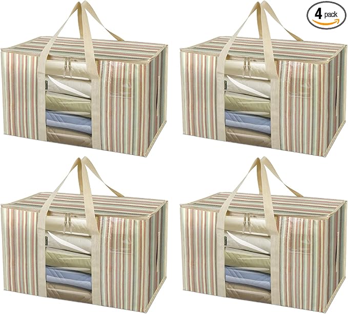 BALEINE 4-Pack Oversized Moving Bags with Reinforced Handles, Heavy-Duty Storage Tote for Clothes, Moving Supplies (Color Stripe with Window, 4-Pack)