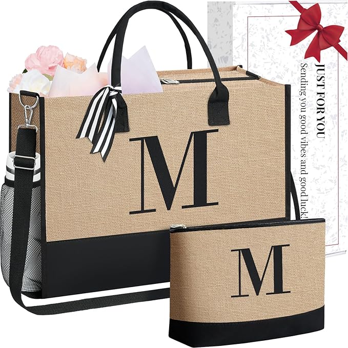BAGAIL Initial Tote Bag, Personalized Birthday Gifts for Women, Teacher, Friends, Mom, Wedding, Monogrammed Beach Bag