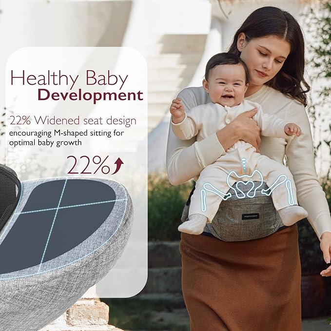 Momcozy Hip Seat Baby Carrier - Adjustable Waistband with Original 3D Belly Protector, Ergonomic Carrier with Various Pockets for Newborns & Toddlers up to 45lbs (Grey, Large)