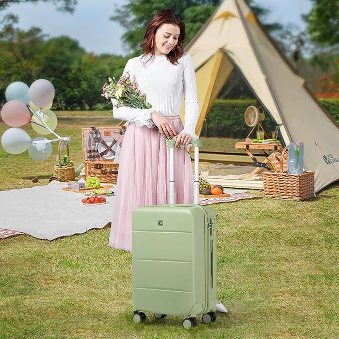 Hanke 24 Inch Checked Luggage with Spinner Wheels Hard Shell Suitcases Lightweight Travel TSA Luggage for Women Men Medium Suitcase(Bamboo Green)