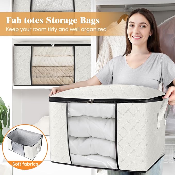 Fab totes 24 Gallons Clothes Storage, Foldable Thick Fabric Blanket Storage Bags, Containers for Organizing Bedroom, Closet, Clothing, Comforter, Organization with Handle (8 Pack,Ivory)