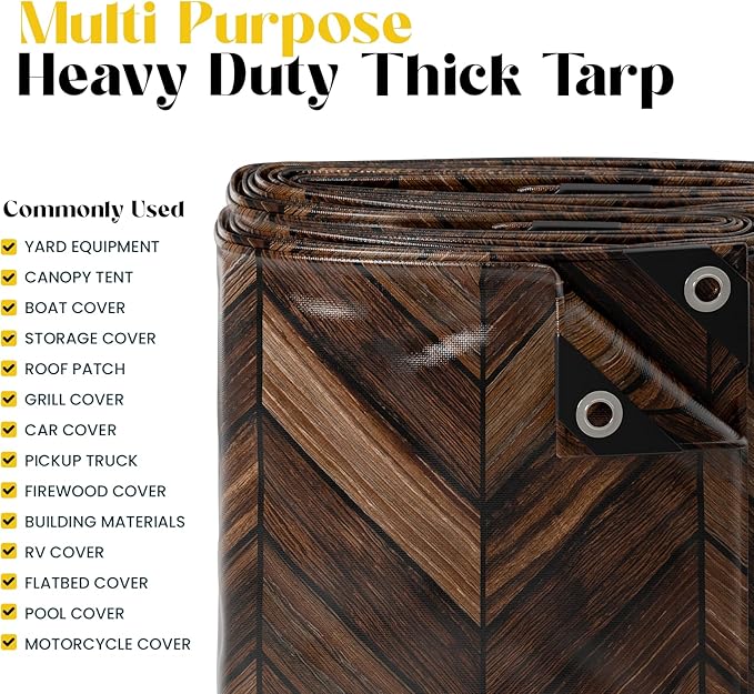 Core Tarps Extreme Heavy Duty 20 Mil Tarp Cover, Waterproof, UV Resistant, Rip and Tear Proof, Poly Tarpaulin with Reinforced Edges for Roof, Camping, Patio, Pool, Boat (Brown Wood/Black 50′ X 50′)