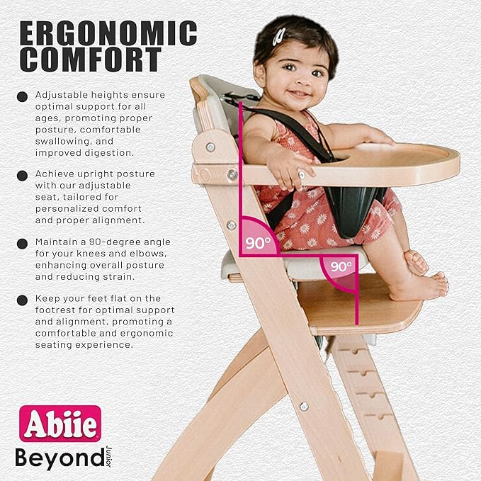 Abiie Beyond Junior Wooden High Chair with Tray - Adjustable and Convertible High Chair for Babies and Toddlers - 6 Months to 250 Lb - Water Resistant - Natural Wood with Black Pearl Cushion