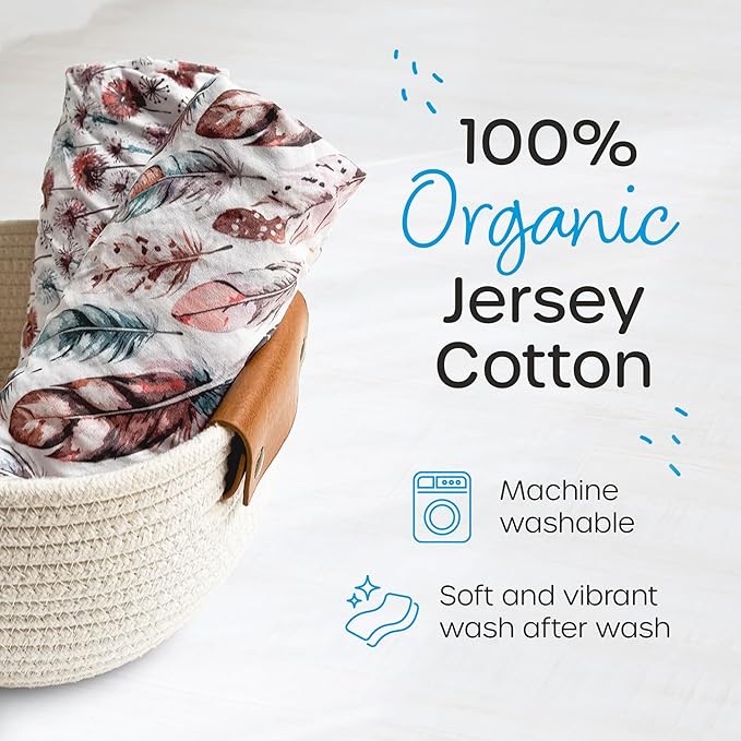 Quiggly Travel Crib Sheets for Guava Lotus, 2 Pack Organic Cotton Jersey Knit, Vibrant Feather & Dandelion Patterns - Fits Crib Mattress for Boys & Girls
