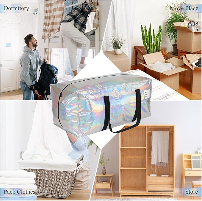 2 Pack Heavy Duty Moving Bags Extra Large Waterproof Foldable Clothing Storage Totes Bags with Zipper, Reinforced Handles, Packing Moving Boxes for Dorm & Seasonal Storage, Iridescent