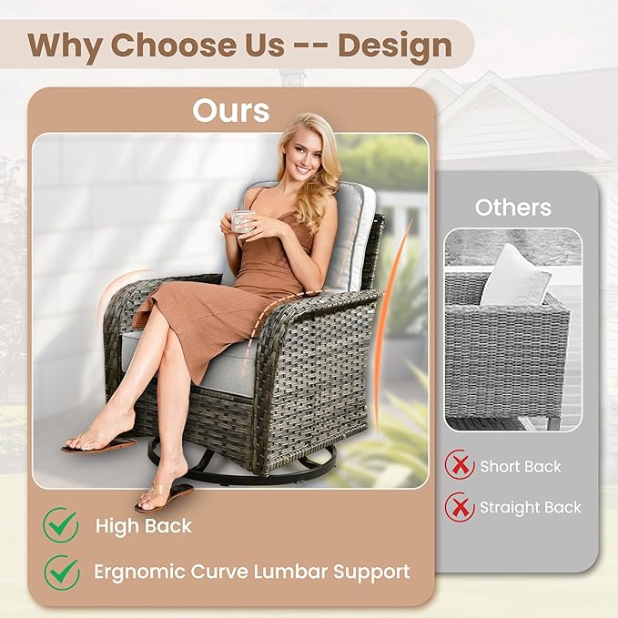 HOOOWOOO Patio Furniture Set,7 Pieces Outdoor Conversation Set,All Weather Wicker Loveseat Sofa Set with High Back Swivel Rocking Chairs Tables,Light Gray