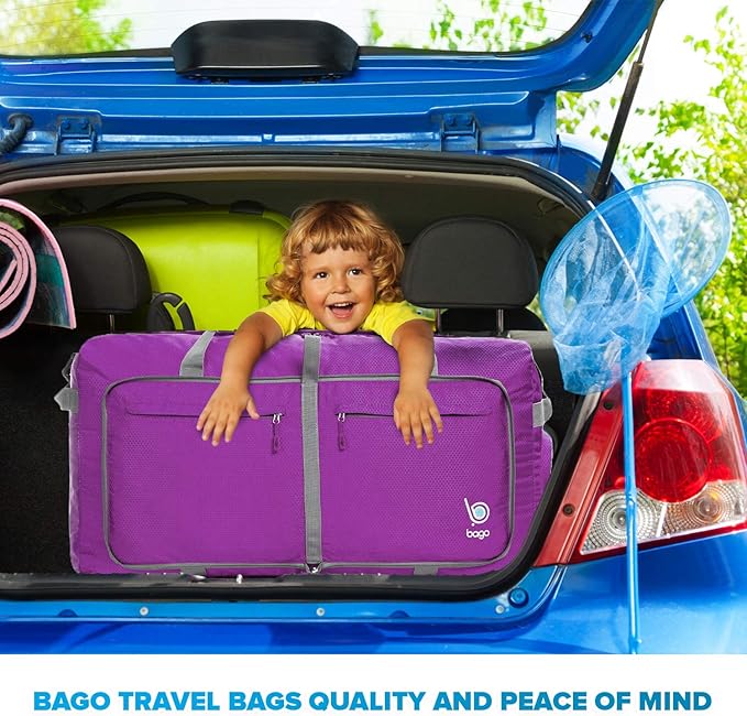 Bago Big XXL Foldable Duffel Bags for Traveling Women & Men - 140L Packable Duffle Bag for Travel with Shoe Compartment - Water Repellant, Heavy Duty, Lightweight Folding & Collapsible (Purple)