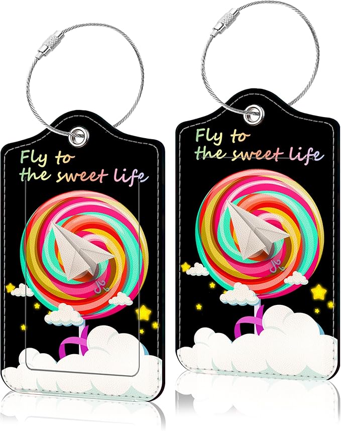 2 Pack Luggage Tag for Suitcase, Cute Unique Leather Suitcase Tags Identifiers with Privacy Name Address Labels & Durable Steel Loop for Women Men Travel