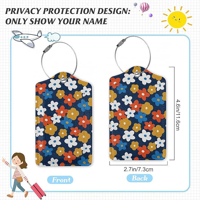 3 Pack Luggage Tag for Suitcase,Vintage Groovy Flowers Leather Luggage Tags with Privacy Cover Name ID Label Identifiers Travel Bag Tags for Women Men Boys Girls