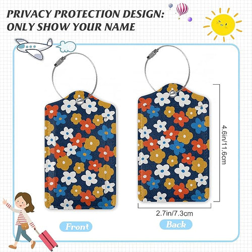 3 Pack Luggage Tag for Suitcase,Vintage Groovy Flowers Leather Luggage Tags with Privacy Cover Name ID Label Identifiers Travel Bag Tags for Women Men Boys Girls