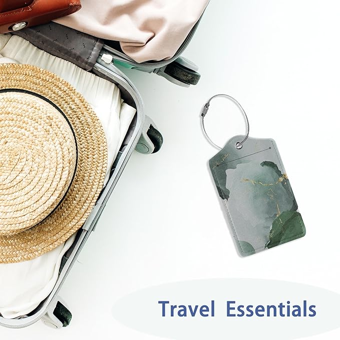 2Pcs Luggage Tag for Suitcase Green Ink Abstract Marble Cute Suitcase Tag with Privacy Flap & Name ID Label & Metal Loop,Travel Bag Luggage Tags for Women