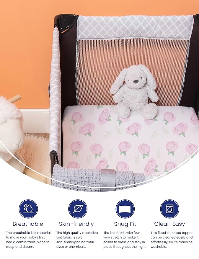 TotAha Premium Stretchy Pack N Play Playard Sheets | Mini Crib Sheets (2-Pack) -Hypoallergenic, Silky Comfort, Buttery Soft, Calming Effect, All-Season Jersey-Knit (Pink Buds & Green Leaves)