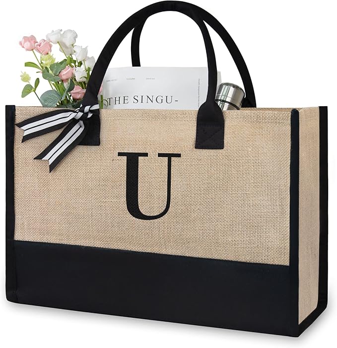TOPDesign Initial Jute/Canvas Tote Bag, Personalized Present Bag, Suitable for Wedding, Birthday, Beach, Holiday, is a Great Gift for Women, Mom, Teachers, Friends, Bridesmaids (Letter U)