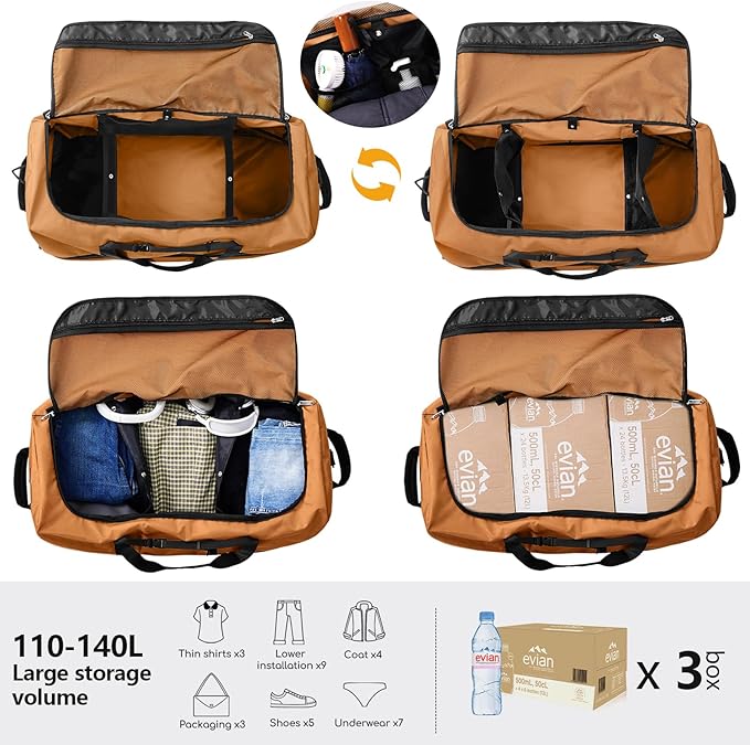 CONTAIL 32" Soft-Sided Rolling Duffle Bag with 2 Wheels,Expandable from 110L to 140L, Foldable Travel Duffel with Multiple Compartments,Brown