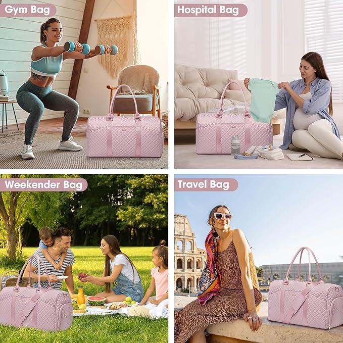 Women Duffle Weekender Travel Bag: Large Duffel Bags with Shoe Compartment Carry On Overnight Tote Bag with Wet Pocket Toiletry Bags Weekend Gym Yoga Hospital Bag for Labor and Delivery Pink 3Pcs Set