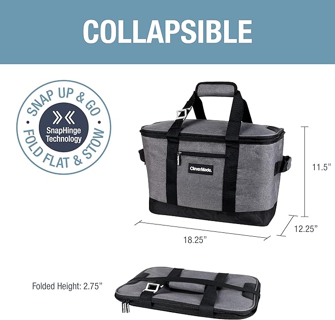 CleverMade Collapsible Insulated Cooler Bag – Leakproof Soft Folding Cooler for Beach, Travel, Car