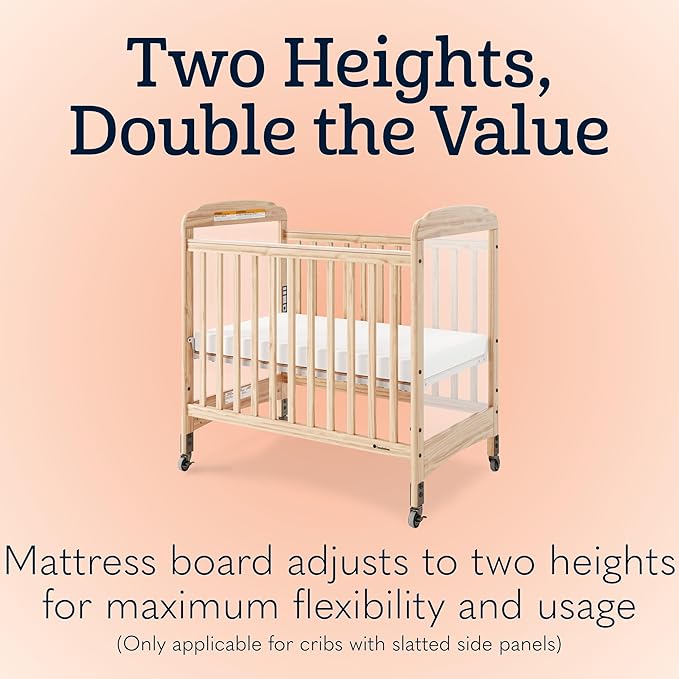 Foundations Serenity Compact Daycare Crib, Fixed Side, Features Mirrorview End Panels and Slatted Side Panels, Durable Wood Construction, Includes 3” InfaPure Foam Mattress (Natural)
