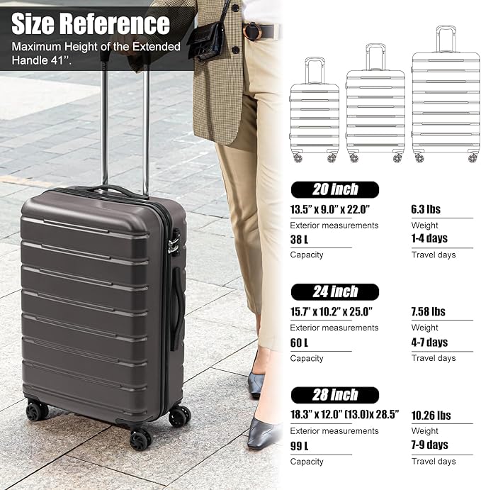 Coolife Luggage Suitcase Carry-on Spinner TSA Lock USB Port Expandable (only 28’’) Lightweight Hardside Luggage (Gray, 3 piece set)