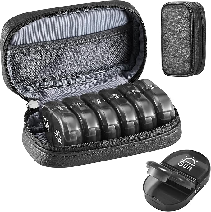 Serfeymi Weekly Travel Pill Organizer 2 Times A Day AM PM Upgraded Black Pill Box 7 Day with Portable Zipper PU Leather Pill Case, Medicine Organizer for Pills, Vitamins, Fish Oils - Black 01